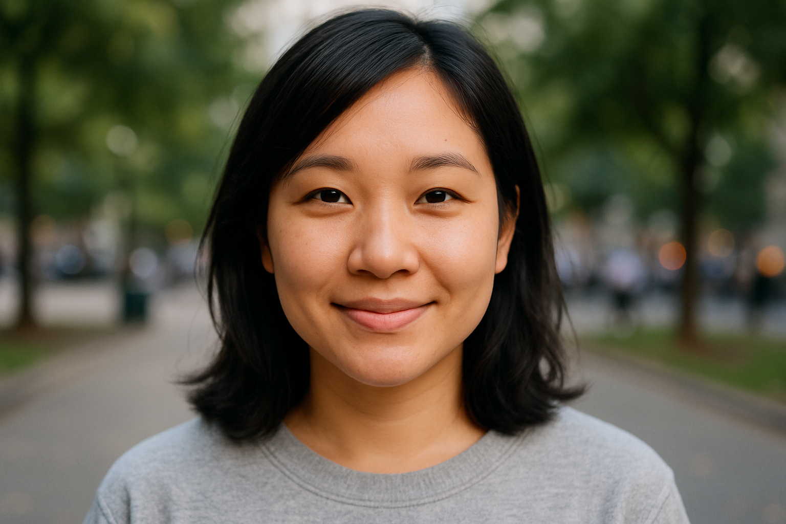 asian lady face shot in casual clothing in public space