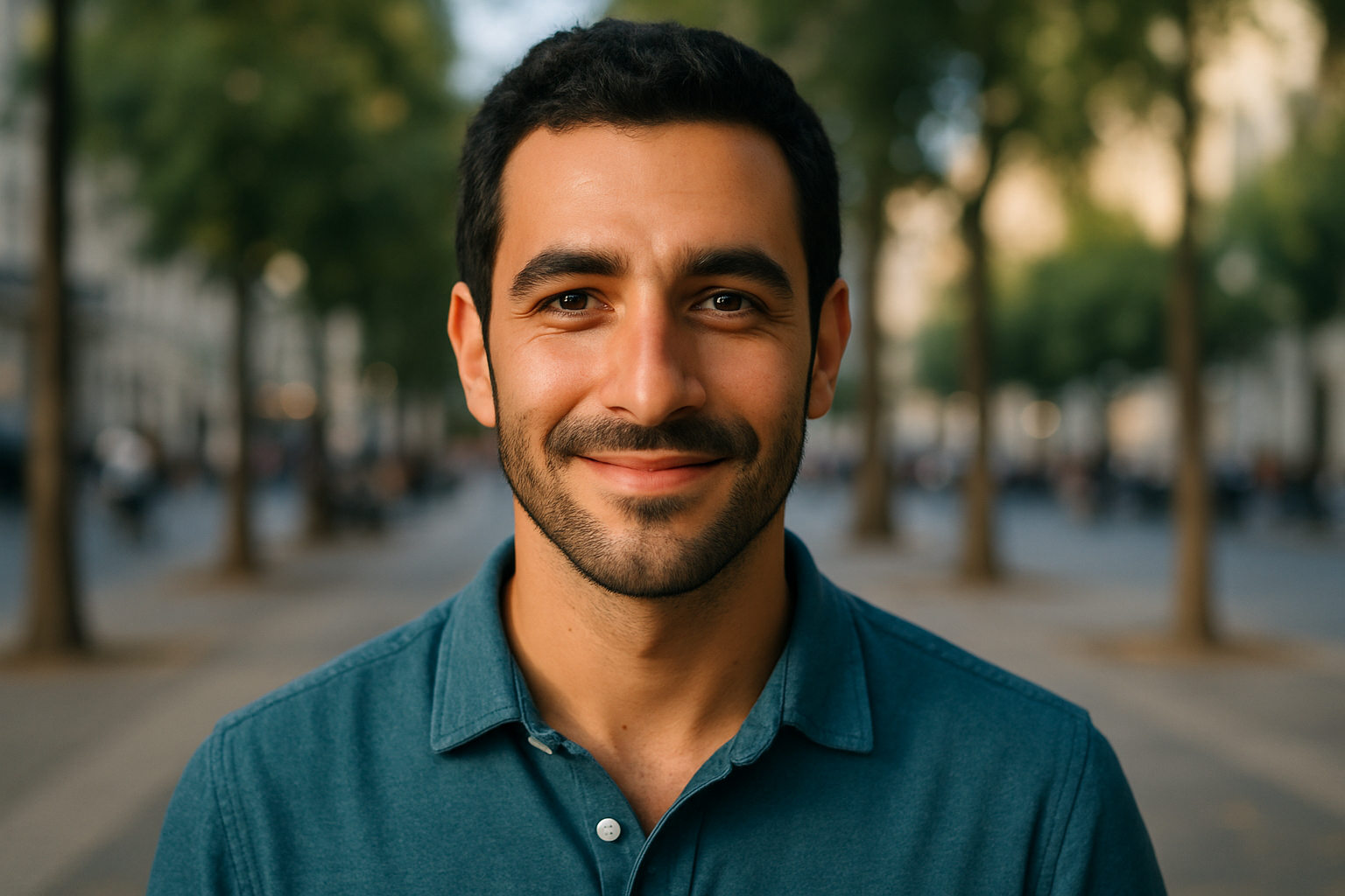 mediterranean guy semi casual clothes faceshot in public space