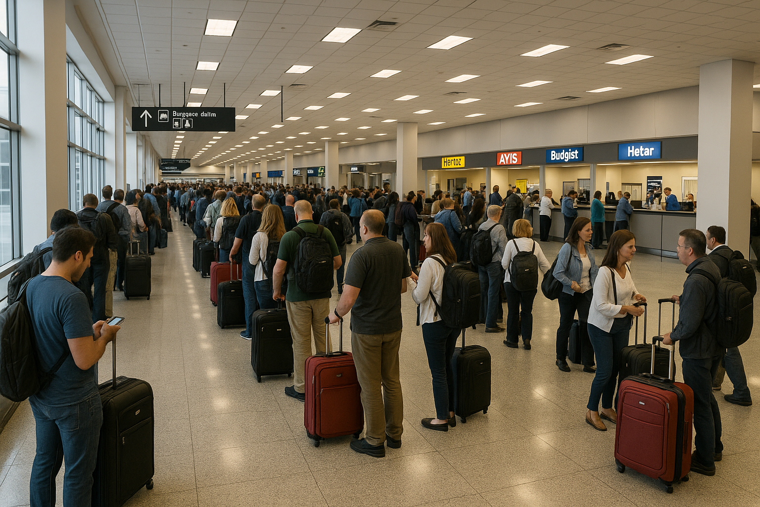 people queuing up for their car rental long queue at the airport