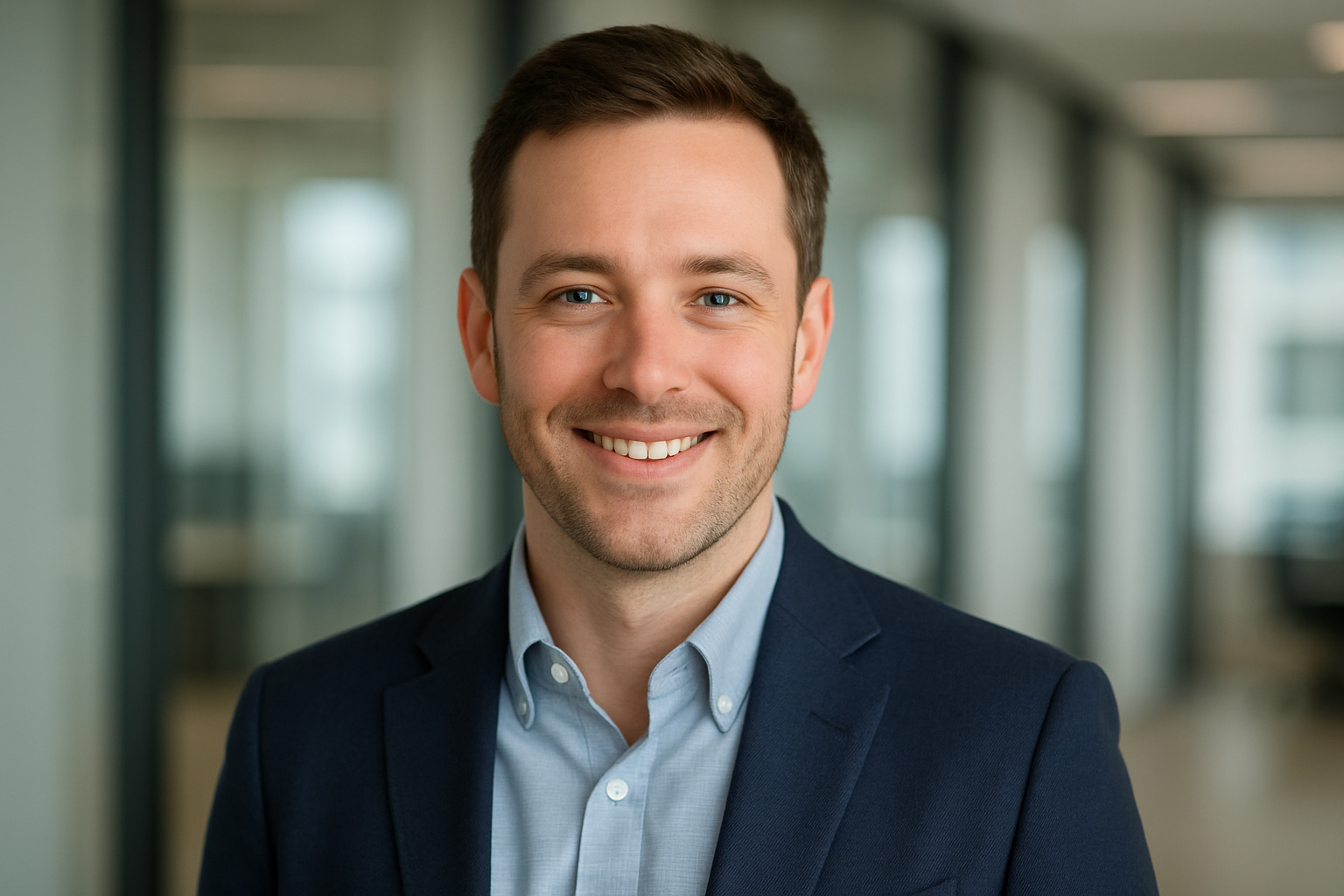 white guy semi casual clothes faceshot in office