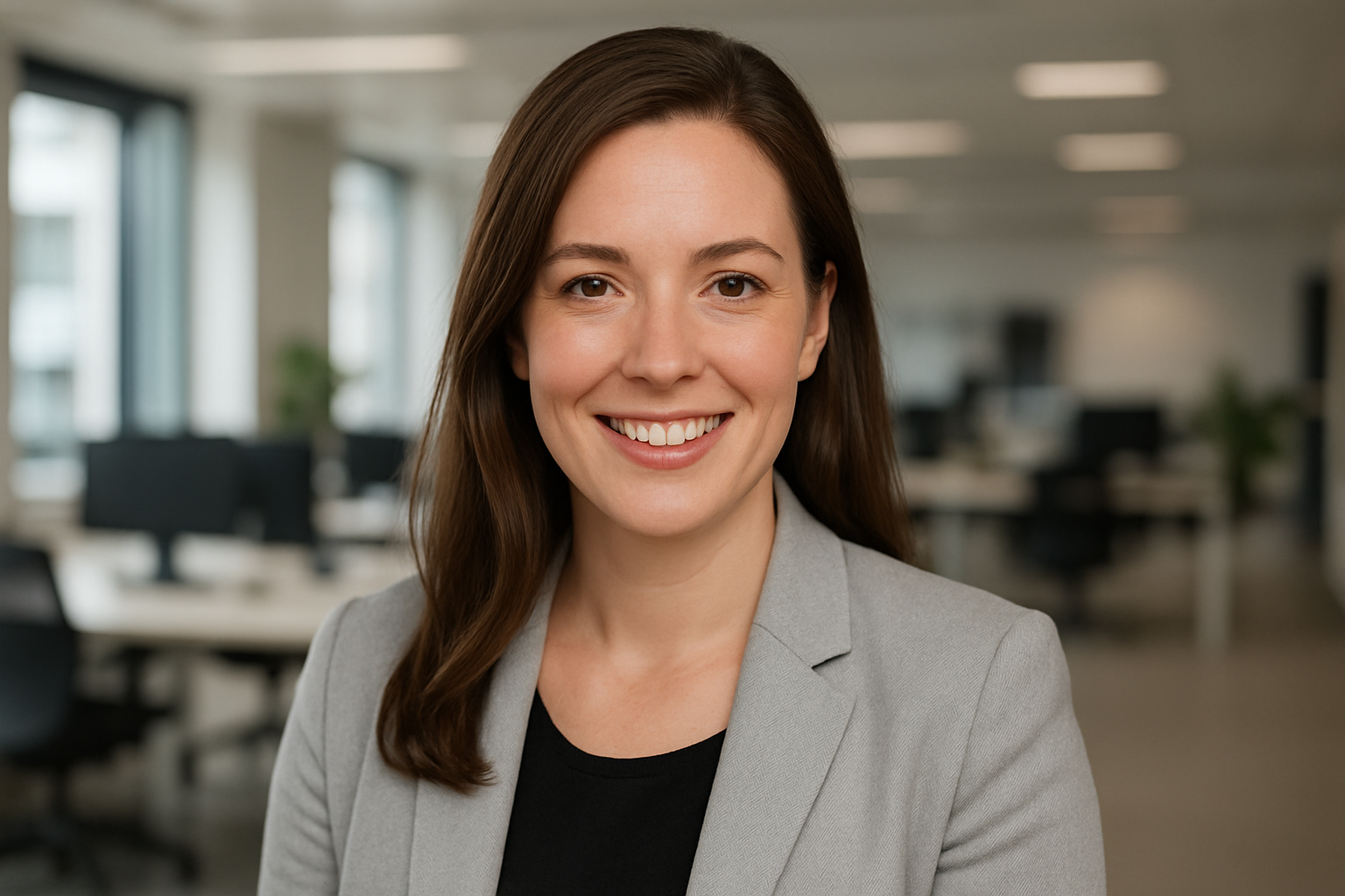 white lady semi casual clothes faceshot in office space