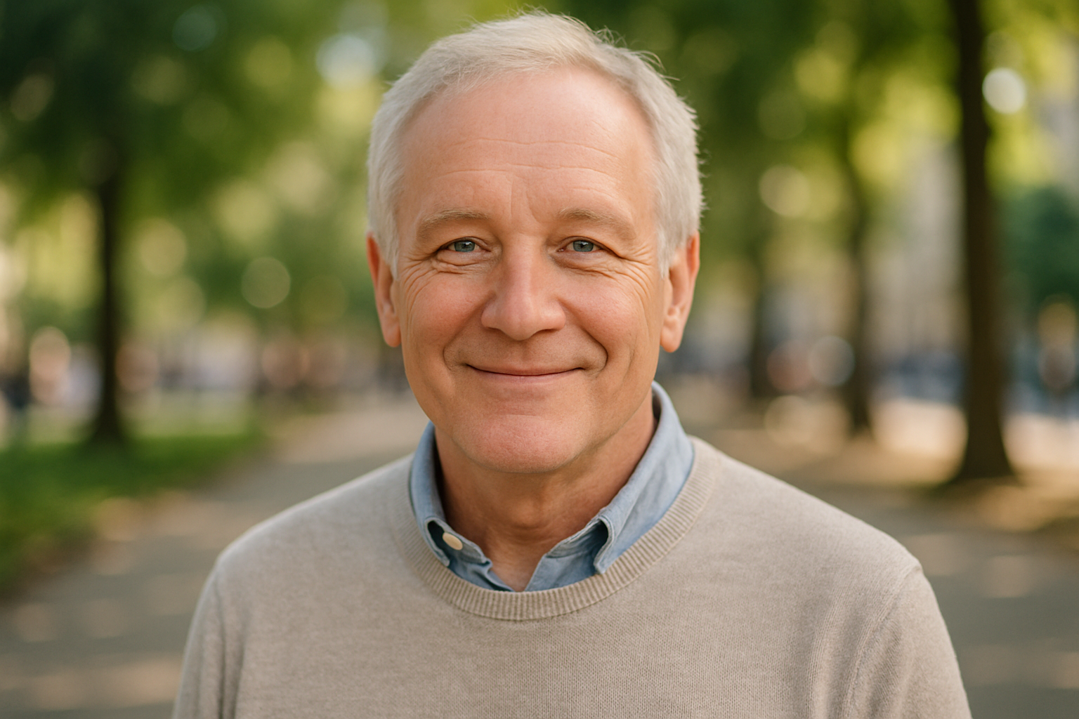 white old man semi casual faceshot in public space